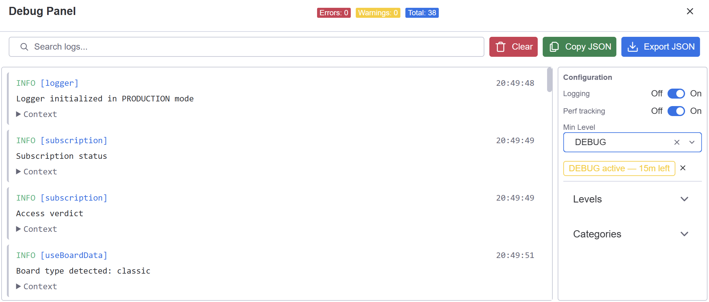 Debug Panel showing log entries with level filter dropdown and Export JSON button